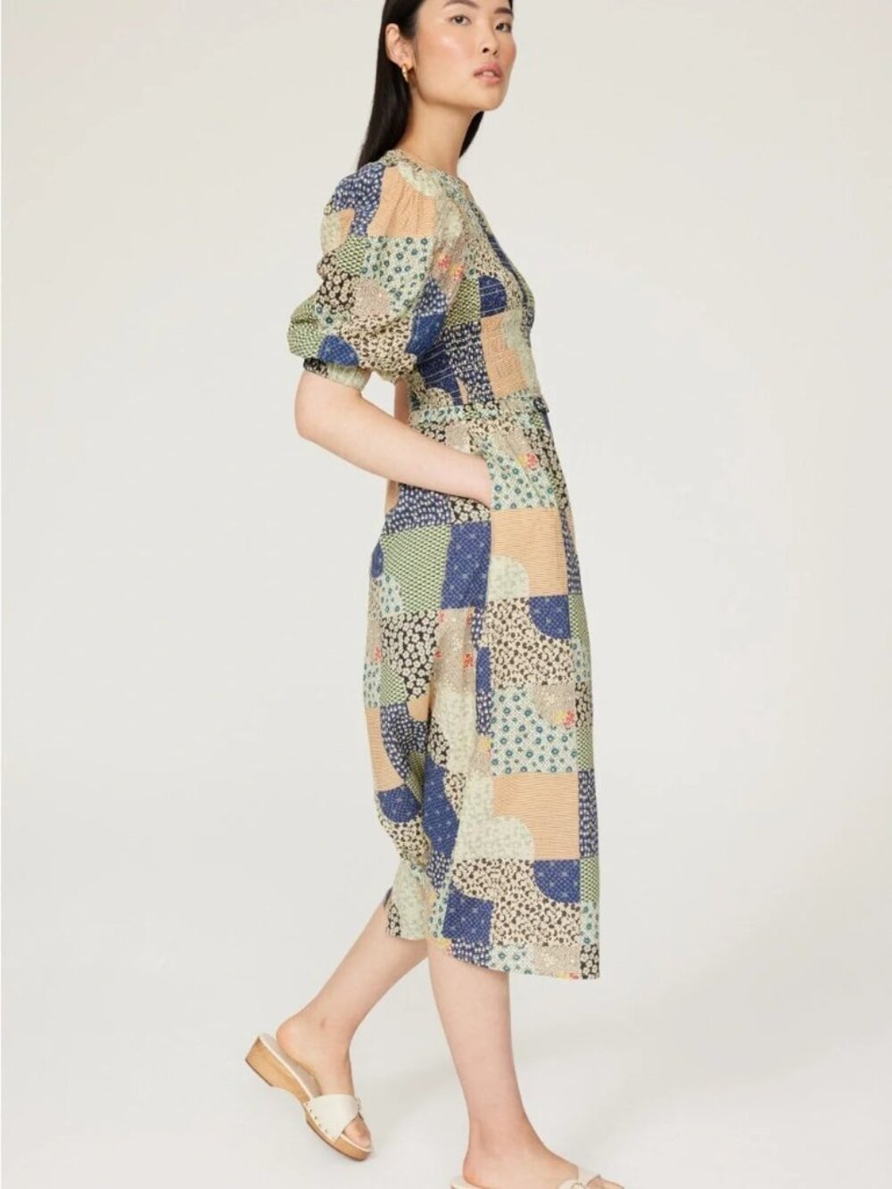 SEA New York Louie Midi Dress Puff sleeve Smocked Cotton Patchwork Cottagecore - Picture 4 of 16